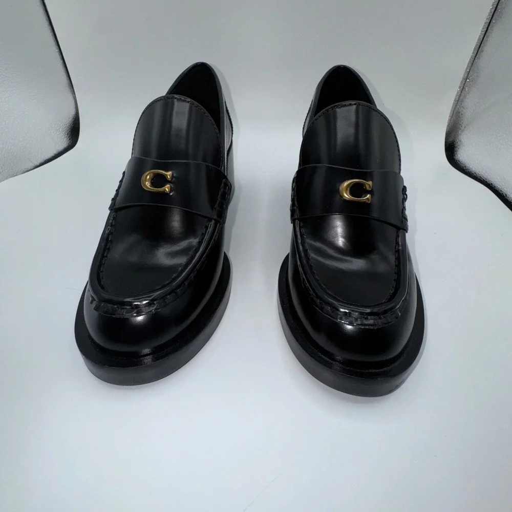 Coach Natalie‎ Womens Loafer 6 Black Leather Block Heels Chunky Sole Y2K Shoes